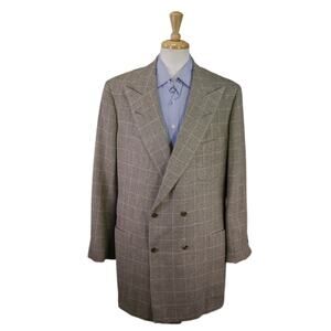 Edgar Pomeroy Bespoke Beige Windowpane Patch Pocket Double Breasted Blazer 44XL